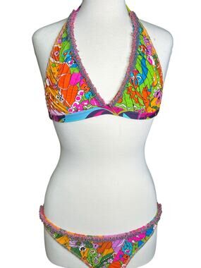 Agua Bendita Floral Patchwork Triangle Bikini Set Neon Yellow Label Hand Beaded